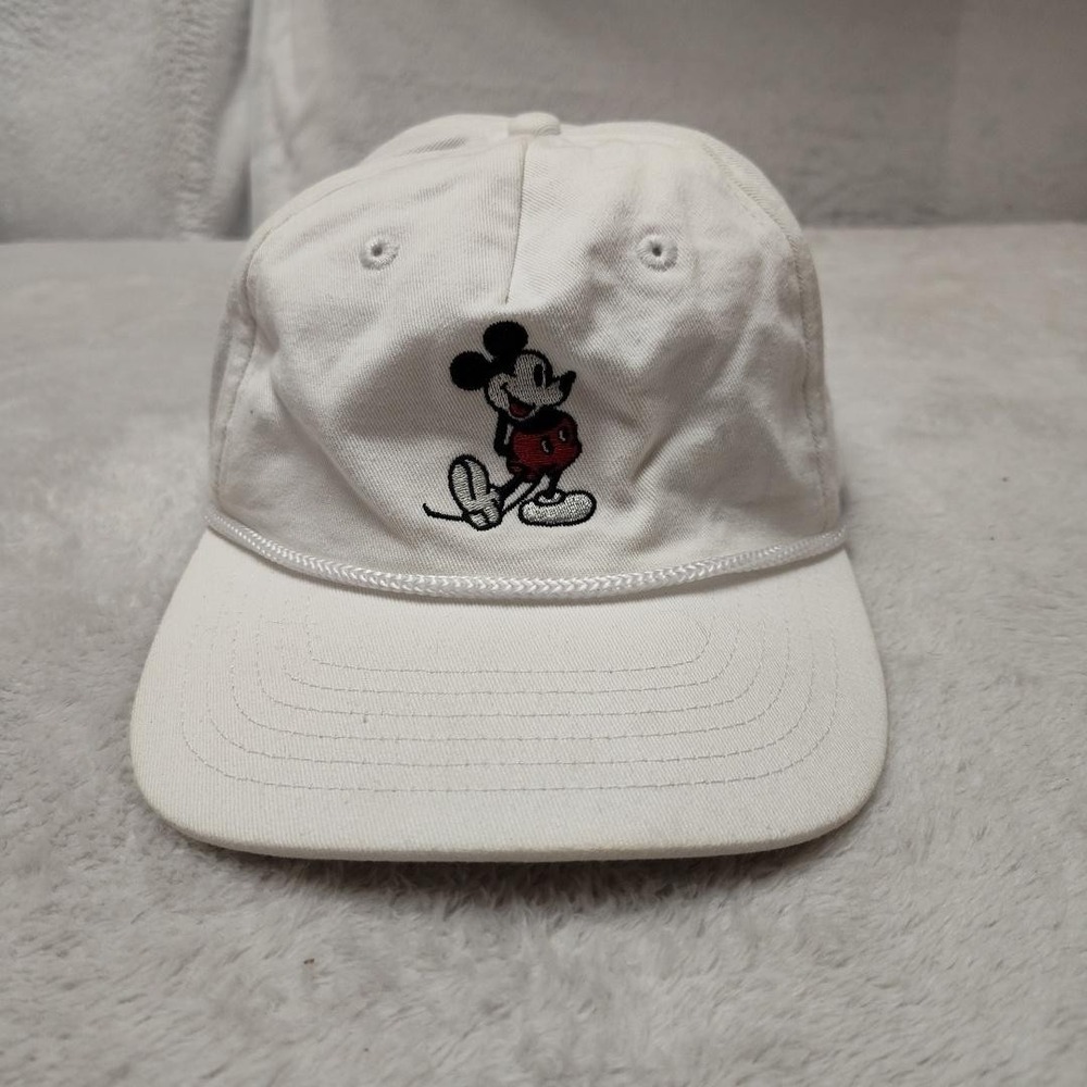 Vintage Disney Mickey Mouse Rope Hat Cap Strap Back Unisex One Size White Cotton
